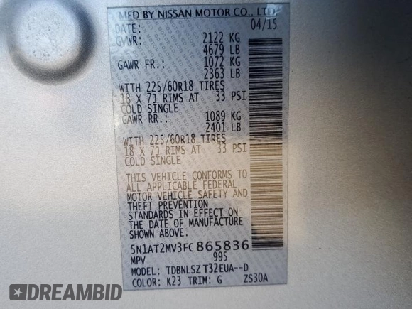 2015 Nissan Rogue SL with VIN 5N1AT2MV3FC865836, listed as a Copart auction lot 49091635 with 94,737 mi miles and Salvage Title. Bid and sale history available at carsss.com. Image 15.