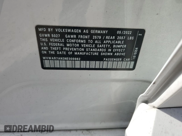 2022 Volkswagen Arteon SEL R-Line z VIN WVWAR7AN3NE009962, wystawiony jako Copart lot #61428644 z przebiegiem 51 309 mil mil oraz Szkoda całkowita • Salvage title. Historia ofert i sprzedaży dostępna na DreamBid. Obrazek 14.