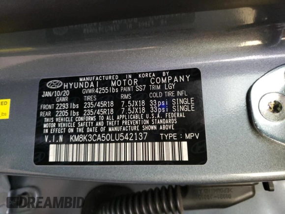 2020 Hyundai Kona Limited with VIN KM8K3CA50LU542137, listed as a Copart auction lot 71303652 with 7,416 mi miles. Bid and sale history available at carsss.com. Image 13.