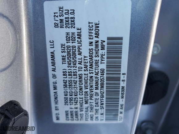 2021 Honda Pilot Special Edition with VIN 5FNYF6H27MB057460, listed as a Copart auction lot 89369725 with 98,760 mi miles and Non Repairable. Bid and sale history available at carsss.com. Image 13.