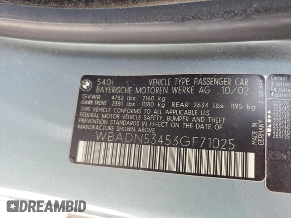 2003 BMW 5 Series 540i with VIN WBADN53453GF71025, listed as a Copart auction lot 72276964 with 0 mi miles and Clean Title. Bid and sale history available at carsss.com. Image 12.