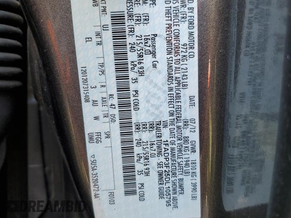 2013 Ford Focus SE with VIN 1FADP3F25DL105795, listed as a Copart auction lot 55030665 with 208,231 mi miles and Salvage Title. Bid and sale history available at carsss.com. Image 12.