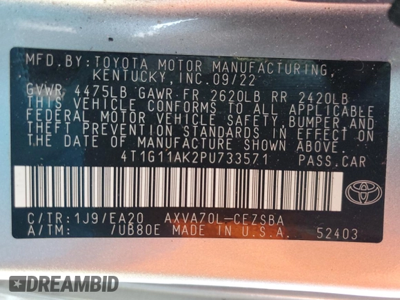 2023 Toyota Camry SE with VIN 4T1G11AK2PU733571, listed as a Copart auction lot 51314245 with 23,383 mi miles and Clean Title. Bid and sale history available at DreamBid. Image 12.