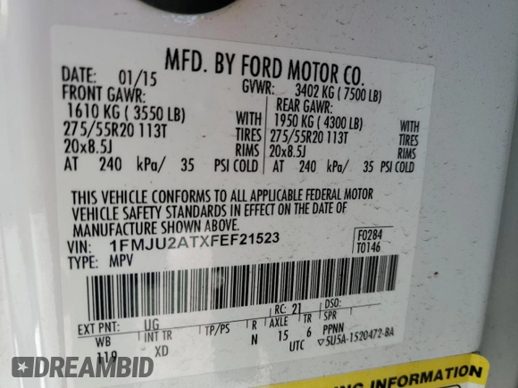 2015 Ford Expedition Limited with VIN 1FMJU2ATXFEF21523, listed as a Copart auction lot 46215575 with 173,519 mi miles and Salvage title. Bid and sale history available at DreamBid. Image 13.