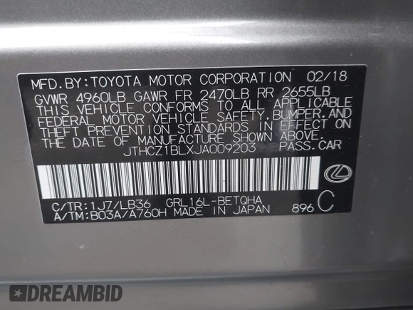 2018 Lexus GS 350 with VIN JTHCZ1BLXJA009203, listed as a IAAI auction lot 41324389 with 31,793 mi miles and . Bid and sale history available at DreamBid. Image 9.