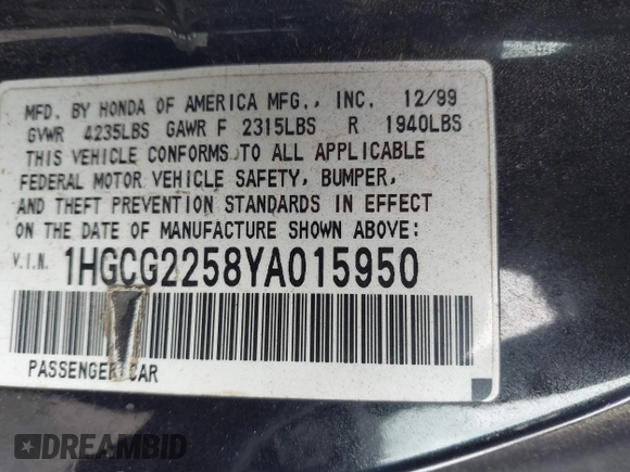 2000 Honda Accord EX with VIN 1HGCG2258YA015950, listed as a IAAI auction lot 41925715 with 366,108 mi miles and . Bid and sale history available at DreamBid. Image 9.