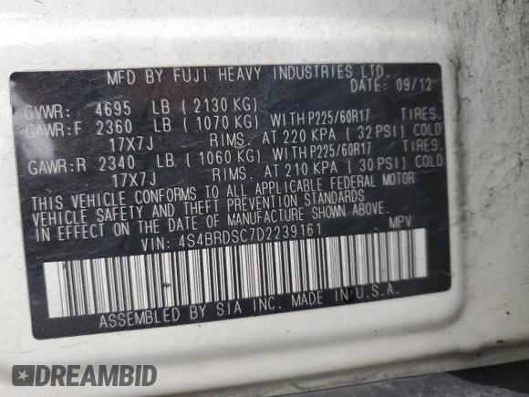2013 Subaru Outback Limited с VIN 4S4BRDSC7D2239161, выставлен на аукционе Copart как лот 43476715 с пробегом 172 289 миль миль и Списание • Salvage title. История ставок и продаж доступна на DreamBid. Изображение 14.