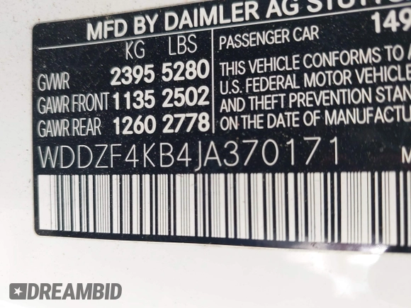 2018 Mercedes-Benz E 300 with VIN WDDZF4KB4JA370171, listed as a IAAI auction lot 42404611 with 92,944 mi miles and . Bid and sale history available at DreamBid. Image 9.