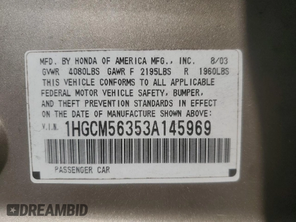 2003 Honda Accord LX with VIN 1HGCM56353A145969, listed as a Copart auction lot 59554045 with 149,041 mi miles and Salvage title. Bid and sale history available at DreamBid. Image 13.