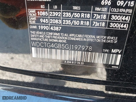 2016 Mercedes-Benz GLA with VIN WDCTG4GB5GJ197978, listed as a IAAI auction lot 41194006 with 178,671 mi miles. Bid and sale history available at carsss.com. Image 9.