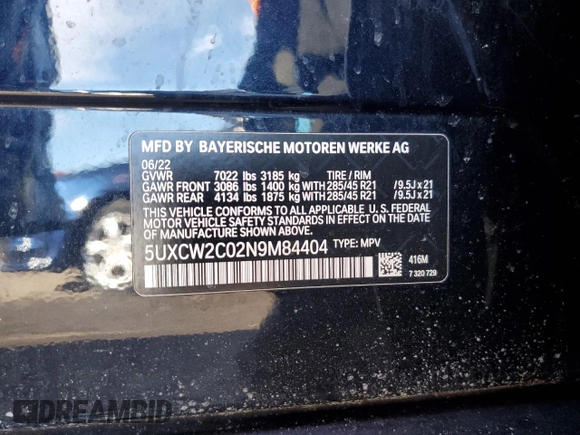 2022 BMW X7 xDrive40i with VIN 5UXCW2C02N9M84404, listed as a Copart auction lot 45557825 with 0 mi miles and Salvage Title. Bid and sale history available at carsss.com. Image 13.