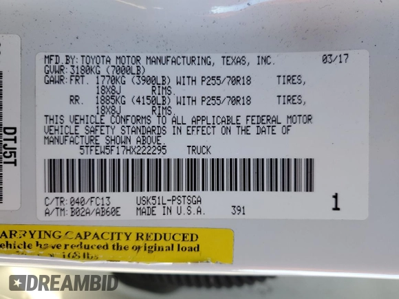 2017 Toyota Tundra SR5 z VIN 5TFEW5F17HX222295, wystawiony jako Copart lot #84070304 z przebiegiem 105 463 mil mil oraz Szkoda całkowita • Salvage title. Historia ofert i sprzedaży dostępna na DreamBid. Obrazek 15.
