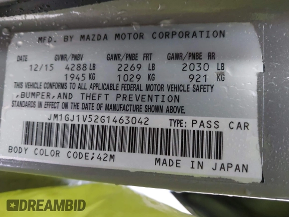 2016 Mazda 6 i Touring with VIN JM1GJ1V52G1463042, listed as a IAAI auction lot 42369747 with 136,849 mi miles and . Bid and sale history available at DreamBid. Image 9.