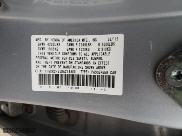 2013 Honda Accord Sdn LX with VIN 1HGCR2F30DA279550, listed as a Copart auction lot 51444125 with 143,218 mi miles and Salvage Title. Bid and sale history available at carsss.com. Image 12.