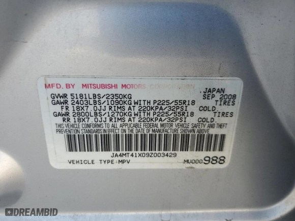 2009 Mitsubishi Outlander XLS with VIN JA4MT41X09Z003429, listed as a Copart auction lot 78324554 with 235,262 mi miles and Salvage Title. Bid and sale history available at carsss.com. Image 16.