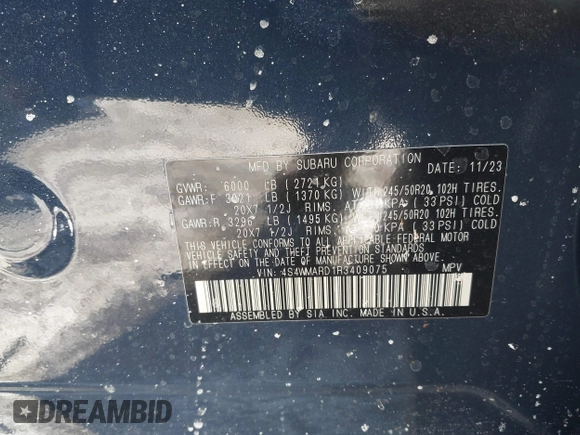 2024 Subaru Ascent Limited with VIN 4S4WMARD1R3409075, listed as a IAAI auction lot 41396792 with 8,552 mi miles and . Bid and sale history available at DreamBid. Image 9.