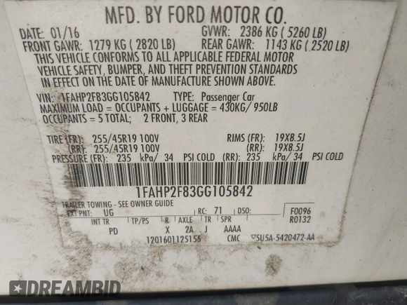 2016 Ford Taurus Limited with VIN 1FAHP2F83GG105842, listed as a IAAI auction lot 41903478 with Not Provided miles and . Bid and sale history available at DreamBid. Image 9.