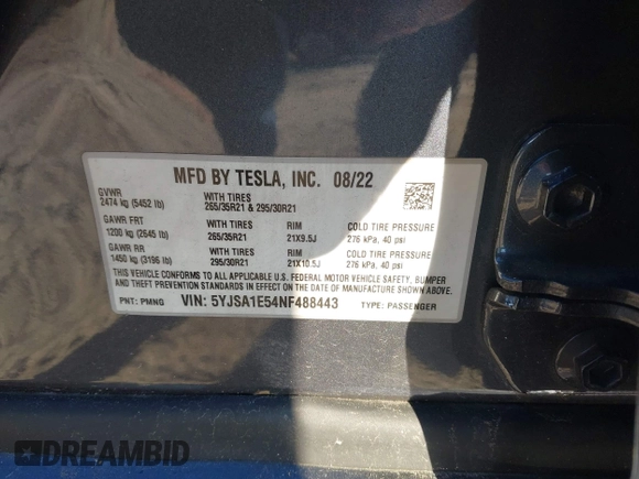 2022 Tesla Model S with VIN 5YJSA1E54NF488443, listed as a IAAI auction lot 41289281 with Not Provided miles and . Bid and sale history available at DreamBid. Image 9.