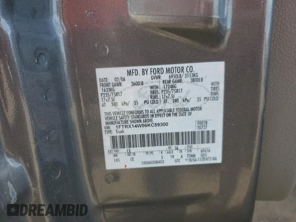 2006 Ford F-150 STX с VIN 1FTRX14W56KC59300, выставлен на аукционе Copart как лот 66748755 с пробегом 252 740 миль миль и Чистый • Clean title. История ставок и продаж доступна на DreamBid. Изображение 12.