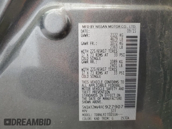 2015 Nissan Rogue SL with VIN 5N1AT2MV4FC927907, listed as a Copart auction lot 54655225 with 143,453 mi miles and Salvage Title. Bid and sale history available at DreamBid. Image 13.