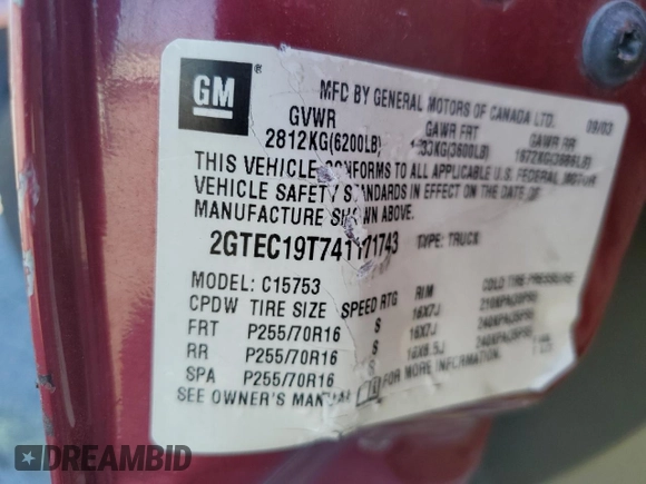 2004 GMC Sierra 1500 SLE with VIN 2GTEC19T741171743, listed as a Copart auction lot 51293475 with 215,086 mi miles and Salvage Title. Bid and sale history available at DreamBid. Image 13.