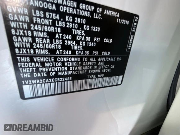 2019 Volkswagen Atlas SE z VIN 1V2WR2CA2KC522435, wystawiony jako Copart lot #53476545 z przebiegiem 154 951 mil mil oraz Czysty tytuł • Clean title. Historia ofert i sprzedaży dostępna na DreamBid. Obrazek 10.