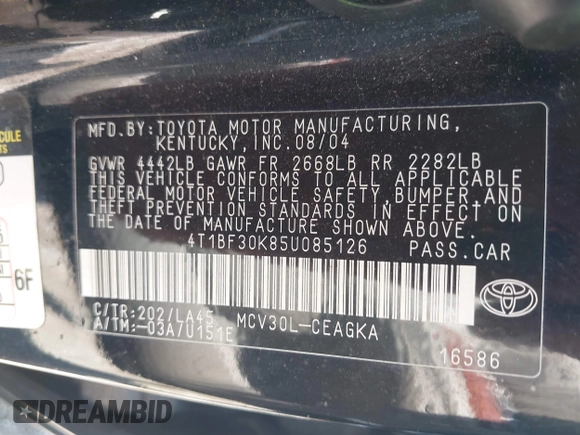 2005 Toyota Camry LE with VIN 4T1BF30K85U085126, listed as a IAAI auction lot 42192443 with 189,196 mi miles and . Bid and sale history available at DreamBid. Image 9.
