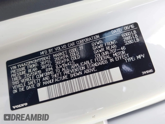 2017 Volvo XC90 with VIN YV4A22PK0H1119042, listed as a IAAI auction lot 42168686 with 129,882 mi miles and . Bid and sale history available at DreamBid. Image 9.