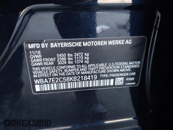 2019 BMW 7 Series 740i with VIN WBA7E2C58KB218419, listed as a IAAI auction lot 41831080 with 97,752 mi miles and . Bid and sale history available at DreamBid. Image 9.