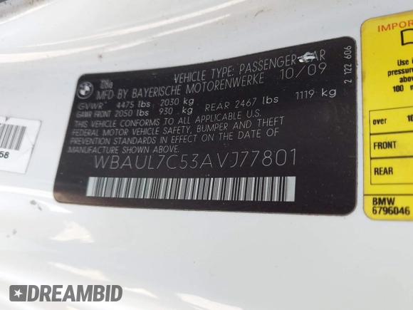2010 BMW 1 Series 128i with VIN WBAUL7C53AVJ77801, listed as a IAAI auction lot 42048295 with 152,176 mi miles and . Bid and sale history available at carsss.com. Image 9.