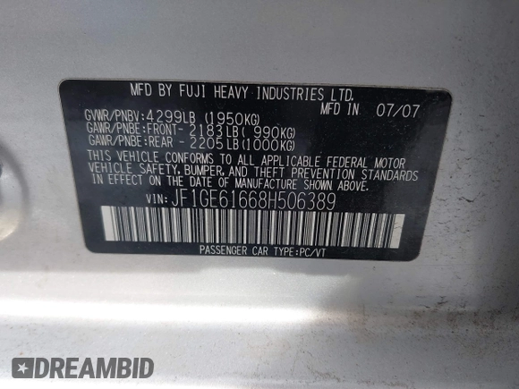 2008 Subaru Impreza Sedan (Natl) i with VIN JF1GE61668H506389, listed as a IAAI auction lot 41538526 with 148,298 mi miles. Bid and sale history available at carsss.com. Image 9.