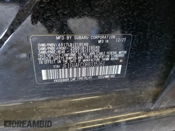 2024 Subaru Impreza Sport with VIN JF1GUAFC0R8335161, listed as a Copart auction lot 79682694 with 11,962 mi miles and Salvage Title. Bid and sale history available at carsss.com. Image 12.