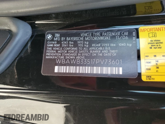 2007 BMW 3 Series 328i with VIN WBAWB33517PV73601, listed as a Copart auction lot 59367045 with 172,635 mi miles and Salvage title. Bid and sale history available at DreamBid. Image 12.