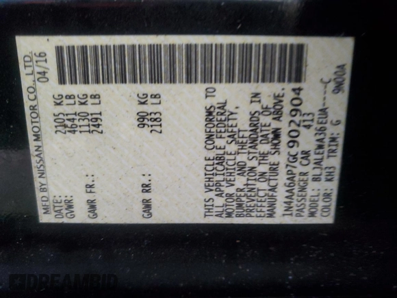 2016 Nissan Maxima SR with VIN 1N4AA6AP7GC902904, listed as a Copart auction lot 45145615 with 67,536 mi miles and Salvage title. Bid and sale history available at DreamBid. Image 13.