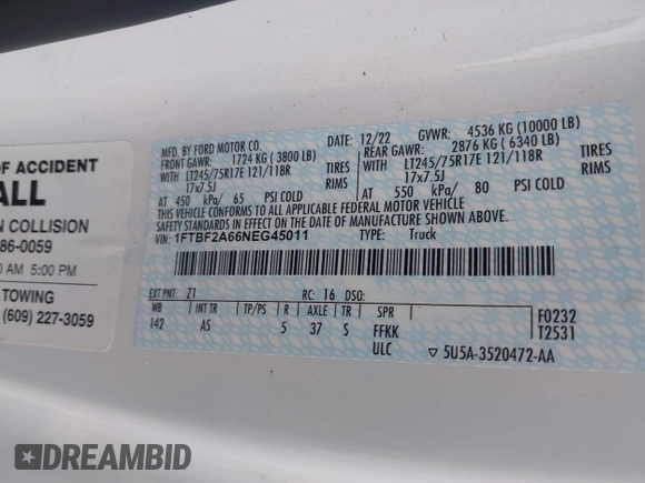 2022 Ford F-250 XL z VIN 1FTBF2A66NEG45011, wystawiony jako IAAI lot #42244779 z przebiegiem 64 524 mil mil oraz . Historia ofert i sprzedaży dostępna na DreamBid. Obrazek 9.