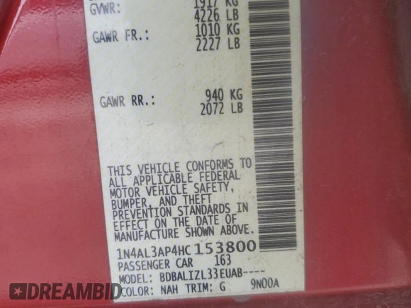 2017 Nissan Altima SV with VIN 1N4AL3AP4HC153800, listed as a Copart auction lot 60623345 with 129,857 mi miles and Salvage title. Bid and sale history available at DreamBid. Image 12.