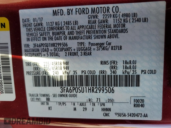 2017 Ford Fusion Titanium with VIN 3FA6P0SU1HR299506, listed as a Copart auction lot 62031915 with 94,412 mi miles and Salvage title. Bid and sale history available at DreamBid. Image 12.