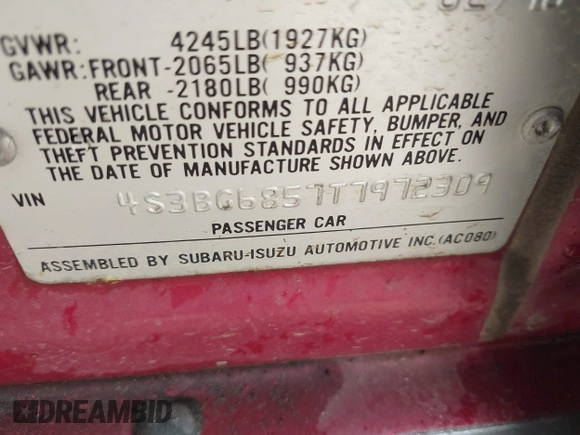 1996 Subaru Legacy Outback with VIN 4S3BG6857T7972309, listed as a IAAI auction lot 41971880 with 94,650 mi miles and . Bid and sale history available at DreamBid. Image 9.