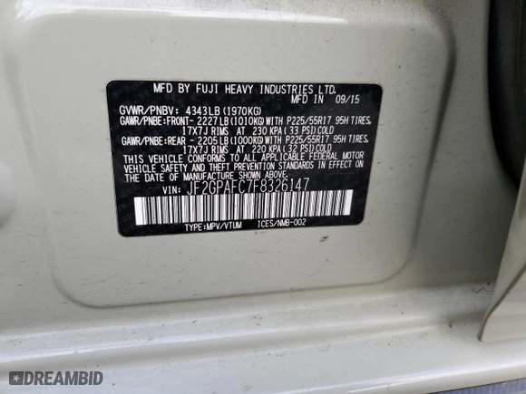 2015 Subaru XV Crosstrek Premium with VIN JF2GPAFC7F8326147, listed as a Copart auction lot 73290832 with 156,481 mi miles. Bid and sale history available at carsss.com. Image 13.