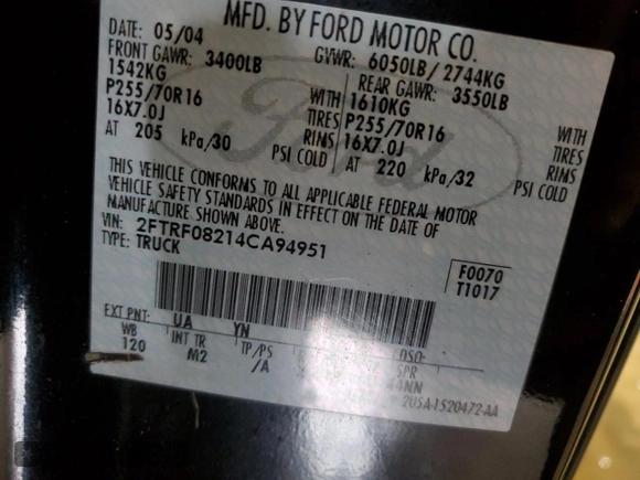 2004 Ford F-150 with VIN 2FTRF08214CA94951, listed as a Copart auction lot 53025035 with Not provided miles and Non repairable. Bid and sale history available at DreamBid. Image 12.
