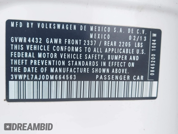 2013 Volkswagen Jetta TDI with VIN 3VWPL7AJ0DM664563, listed as a IAAI auction lot 42271539 with 122,035 mi miles and . Bid and sale history available at DreamBid. Image 9.