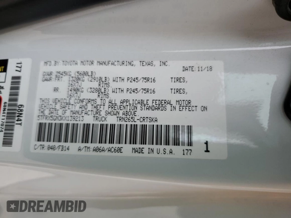 2019 Toyota Tacoma SR with VIN 5TFRX5GN3KX139213, listed as a Copart auction lot 66041345 with 29,794 mi miles and Salvage title. Bid and sale history available at DreamBid. Image 12.