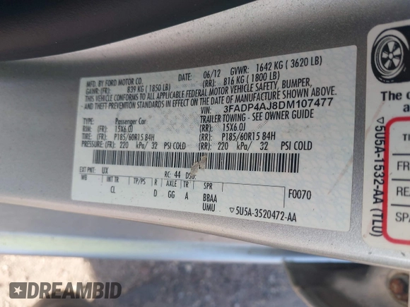 2013 Ford Fiesta S с VIN 3FADP4AJ8DM107477, выставлен на аукционе IAAI как лот 42474054 с пробегом 109 114 миль миль и . История ставок и продаж доступна на DreamBid. Изображение 9.