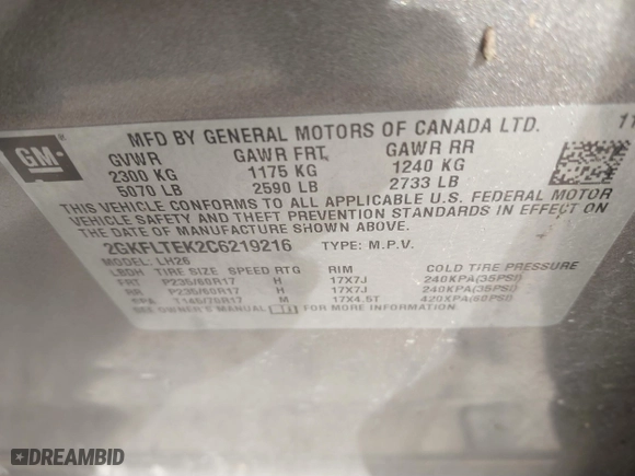 2012 GMC Terrain SLE-2 with VIN 2GKFLTEK2C6219216, listed as a IAAI auction lot 41723724 with 111,246 mi miles. Bid and sale history available at carsss.com. Image 9.