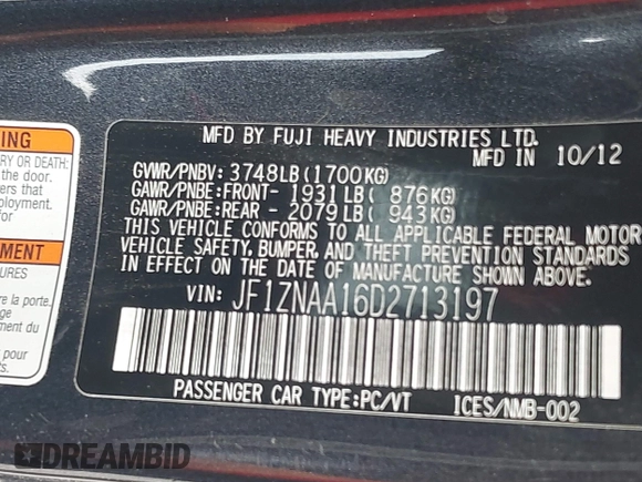 2013 Scion FR-S with VIN JF1ZNAA16D2713197, listed as a IAAI auction lot 42047792 with 83,430 mi miles. Bid and sale history available at carsss.com. Image 9.