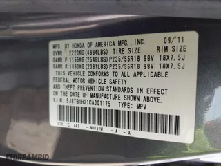2012 Acura RDX with VIN 5J8TB1H21CA001175, listed as a IAAI auction lot 42038674 with 218,947 mi miles. Bid and sale history available at carsss.com. Image 9.