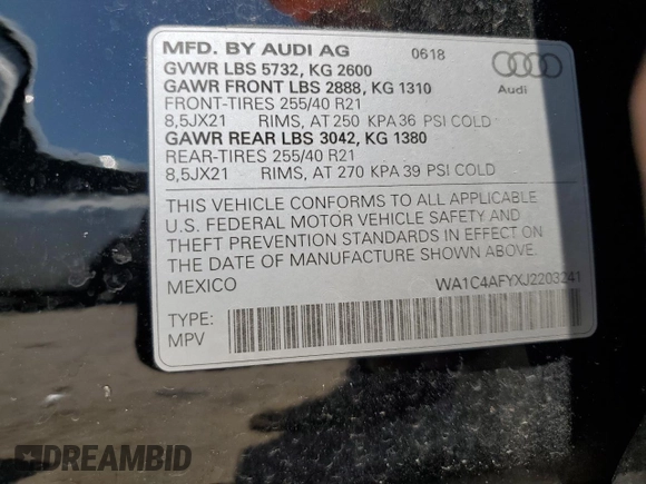 2018 Audi SQ5 Prestige with VIN WA1C4AFYXJ2203241, listed as a Copart auction lot 50470474 with 50,369 mi miles and . Bid and sale history available at DreamBid. Image 12.