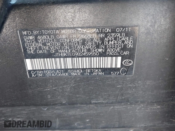 2011 Lexus ES 330 with VIN JTHBK1EG9B2459550, listed as a IAAI auction lot 42244227 with 151,120 mi miles and . Bid and sale history available at DreamBid. Image 9.