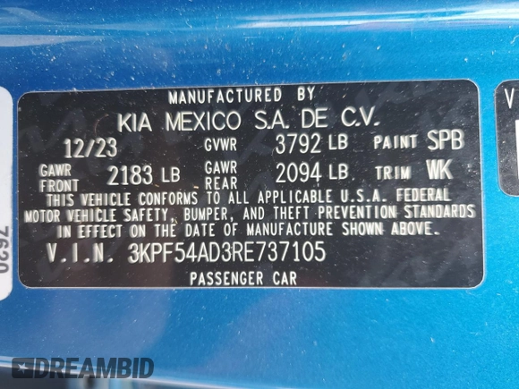 2024 Kia Forte GT-Line with VIN 3KPF54AD3RE737105, listed as a Copart auction lot 43617455 with 40,238 mi miles and Salvage Title. Bid and sale history available at carsss.com. Image 13.