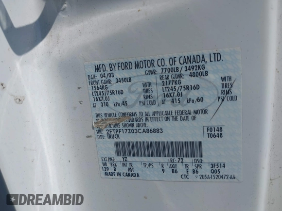 2003 Ford F-150 XL with VIN 2FTPF17Z03CA86883, listed as a IAAI auction lot 42169915 with Not provided miles and . Bid and sale history available at DreamBid. Image 9.